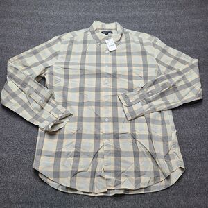 J Crew Mercantile Shirt Mens Large Gray‎ Beige Plaid Flex Button Up Long Sleeve